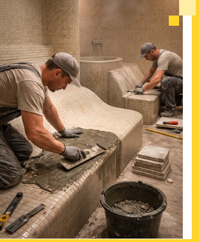 Лежаки для хамама под ключ в Котласе, проект и монтаж